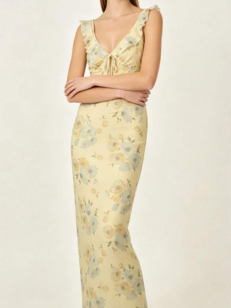 Women's Yellow Floral Print Long Dress, V-Neck Tie Front Sleeveless Fitted Summer Beach Dress, Ruffle Shoulder Straps, Vacation And Casual Summer Wear - Yellow - View 1