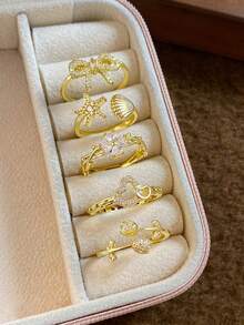 5pcs Fashion Minimalist Cubic Zirconia Multi-Element Open Ring Set Suitable For Women's Daily Wear And Gatherings (Gift Box Not Included) - Yellow Gold - View 13