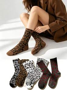 1/5/8 Pairs Women's Leopard Print Fashion Casual Mid-Calf Socks, Breathable And Comfortable, Suitable For Daily Wear And Outings, All-Season Vintage Leopard Print Mid-Calf Socks For Women, Versatile Slouch Socks For Autumn/Winter - Multicolor - View 2