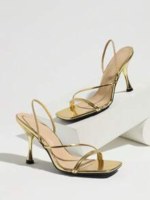 Jin Bei Qi Women's Slip-On Gold Square Toe Stiletto High Heel Sandals, Sexy Party Fashion Minimalist Comfortable High Heels, Leg-Lengthening Gold High Heels, Suitable For Gatherings, Dates, Vacations And Commuting - Gold - View 5