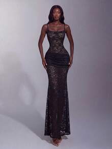Elegant Spaghetti Strap Lace Dress, Ruched Waist Design, Perfect For Parties, Evening Events, Photoshoots And More - Black - View 12