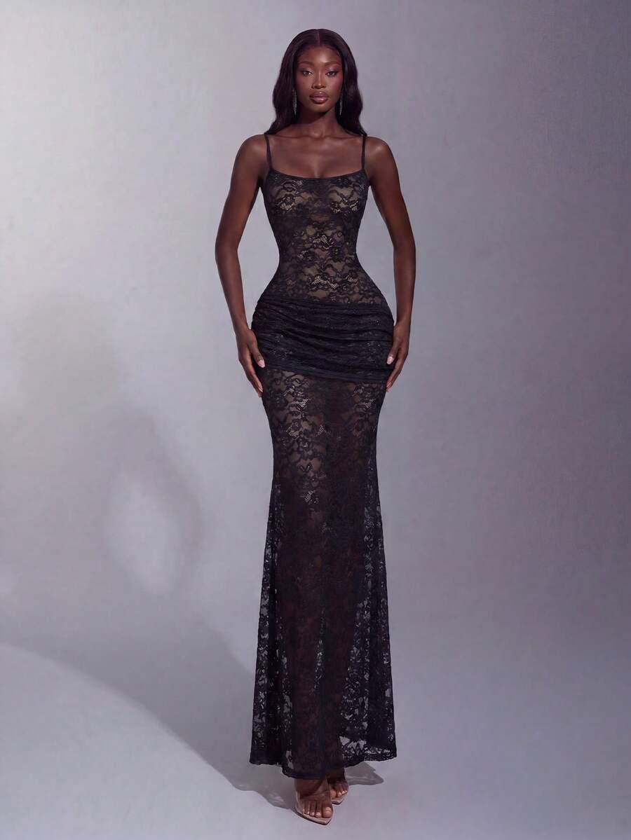 Elegant Spaghetti Strap Lace Dress, Ruched Waist Design, Perfect For Parties, Evening Events, Photoshoots And More