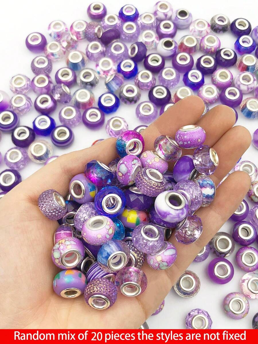 20pcs/Set Random Mixed Color European Style Acrylic Large Hole Beads, Bracelet Spacer Beads, Necklace Beads For Handmade Jewelry - Purple - View 1