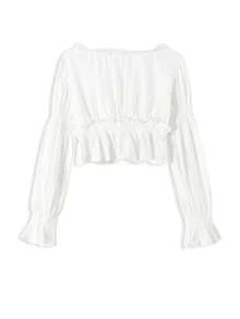 Women's White Short V-Neck Ruffle Long Sleeve Blouse With Knot And Pleated Details - White - View 5