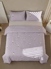 Cirelle 2/3 Stücke Bettwäsche-Set, 100% Polyester, Bettbezug-Set mit gesticktem Blumenmuster. Beinhaltet 1 Bettbezug + 1 oder 2 Kissenbezüge, ohne Innenfüllung, ideal für Schlafzimmer & Bettdekoration. - Violett - Übersicht 2