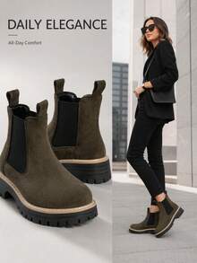 Autumn/Winter New Green Suede Thick Sole Chelsea Ankle Boots, Slouchy Slip-On Design Height-Increasing Platform Boots, Wear-Resistant Non-Slip Rubber Outsole Street Style Versatile Cylinder Boots - Green - View 4