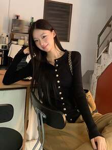 Women's Knitted Cardigan Korean Style Spring Top Outerwear Black Unique Beautiful Youthful Cardigan - Black - View 7