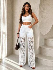 ChicMe Women's Hollow Lace Patchwork High Waist Straight Leg Jeans, Zipper Denim Pants, Casual Fashion Street Style - White - View 5