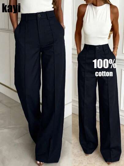 Kayi Solid Color Button Zipper Pocket Waist-Cinching 100% Pure Cotton Navy Blue Straight Leg Pants, Casual Office Commute Daily Spring Summer Autumn Women's Trousers, Teacher Outfit, Business Casual Women's Clothing