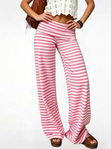 Fold Over Yoga Pants For Women Y2K Striped Low Rise Wide Leg Leggings Sweatpants Cozy Stretchy Foldover Lounge Pants Going Out Clothes - 粉色 - 查看 3