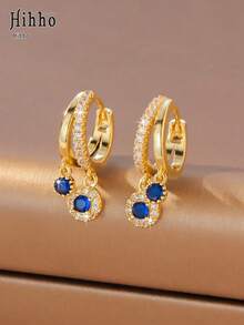 Hihho 1 Pair Minimalist Fashion Double-Layer Round Zirconia Stone Dangle Earrings, Luxury Elegant Design Everyday Jewelry Accessory, Suitable For Formal Wear, Parties, Gifts - Round Drop Earrings - View 4
