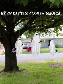 3pcs Halloween Outdoor Decor, Broom Riding Ghost Hanging Ornament With Built-In Warm Light, Flying Ghost Home Decoration, Floating Gauze Ghost, Suitable For Trees, Porch, Yard, Patio And Indoor Halloween Decor - Multicolor - View 5