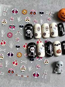1pc Halloween Carnival Night Mexican Day Of The Dead Painted Skull Nail Stickers, Paired With Rhinestone Stickers, Colorful Patterned Skull With Skeleton And Flower Elements, Exotic Vintage Style, Thin And Adherent Base Film With No Curling Edges, Suitable For Transparent Black And Nude Coffee Nail Shapes, Halloween Party Light-Cured Wearable Nail Decorative Stickers - Multicolor - View 1