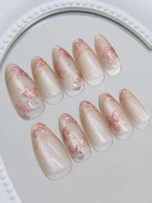 24pcs Handmade Reusable Full Coverage Nail Tips, Elegant Short Almond Shape Glossy Finish, Hand-Painted Pink Rose Red Floral With Shiny 3D Gold Outline Design, Natural Skin Tone Glossy Press-On Nails, Perfect Fit, Suitable For Women's Commuting And Daily Wear - Multicolor - View 6