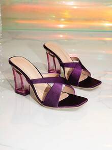1 Pair Women's Elegant Open Toe High Heel Sandals With Rhinestone Strap, Solid Color Evening Party Shoes, Crystal Heel, Chunky Heel, Slip-On Wedding Sandals For Summer - Purple - View 6