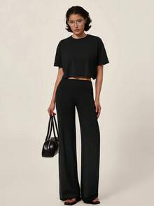 TimeOff Women's One Set Autumn/Winter Solid Color Round Neck Loose Short T-Shirt & Wide Leg Long Pants Sports Outfit - Black - View 6