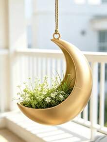 1/2pcs 3D Printed Luxury Metallic Gold Crescent Moon Hanging Planter, Hemp Rope Suspended Air Planter, Suitable For Succulents, Baby's Breath, Hydrangea Artificial Flowers, Bedroom Balcony Wall Star Moon Style Soft Decoration Flower Pot - Crescent Moon - View 5