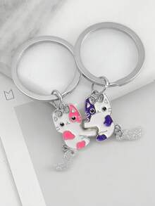 Matching Couple Cat Keychains Set, Cute Enamel Cartoon Kitten Split Heart Key Rings, BFF Best Friend Lover Matching Key Chain Pendant - Multicolor - View 8