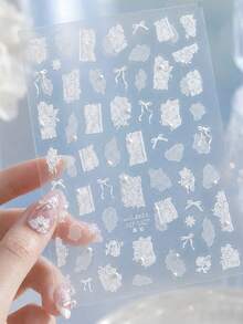 1件精緻5D 3D美甲貼紙，熱門DIY美甲貼紙，蕾絲與蝴蝶結裝飾 - 白色 - 查看 5