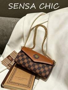 Check Monogram Envelope Chain Crossbody Bag, Sun Turn Lock Brown PU Flap Interwoven Gold Chain Small Clutch Shoulder Bag For Retro Dating - Coffee - View 6