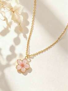 1pc Exquisite Fashionable Five-Petal Flower Pendant Summer Collarbone Necklace, Stainless Steel Necklace, Sweet & Cute Street Style Accessory, Perfect For Daily Wear - Cherry Blossoms - View 13