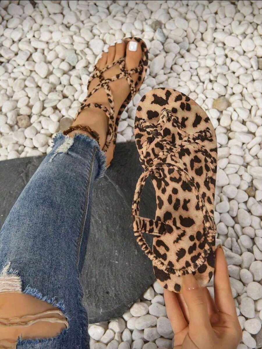 Breezelady Women's Summer New Leopard Braided Flat Sandals Vacation, Beach Fashion Casual Outerwear One Pedal Sandals - 豹紋 - 查看 1