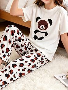 Cute Girls Spring/Summer White Teddy Bear Print Crew Neck Short Sleeve Top + Leopard Print Leggings 2 Pieces Pajama Set, Suitable For Daily Home Leisure - White - View 2