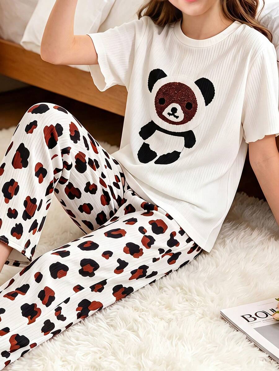 Cute Girls Spring/Summer White Teddy Bear Print Crew Neck Short Sleeve Top + Leopard Print Leggings 2 Pieces Pajama Set, Suitable For Daily Home Leisure - White - View 1