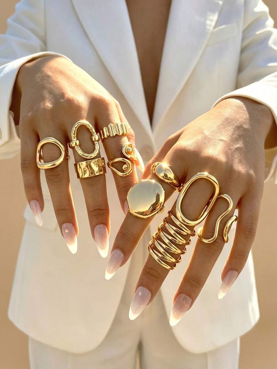 10pcs Asymmetrical Geometric Hollow Round Line Rings - Gold - View 1