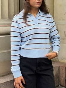 女款 Polo 領休閒條紋長袖套頭針織衫 - 淺藍色 - 查看 10