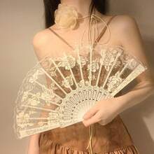 1pc White Floral Lace Folding Fan, Vintage Hand Fan, Suitable For Wedding Party, Dance Performance And Photo Props - Multicolor - View 7