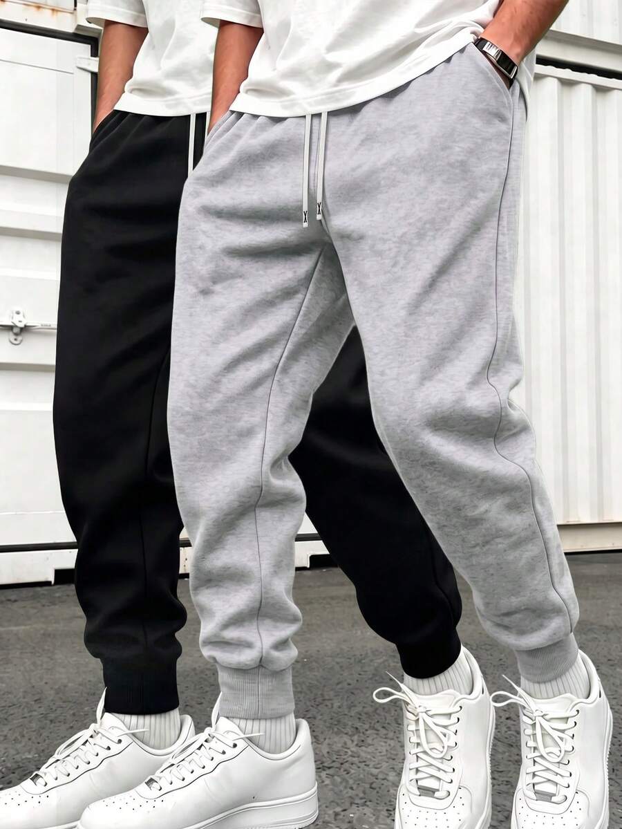 2pcs Men's Casual Solid Color Sweatpants, Loose & Comfortable, Suitable For Running, Home, Outdoor Activities, Also Can Be Wedding Gift - Multicolor - View 1
