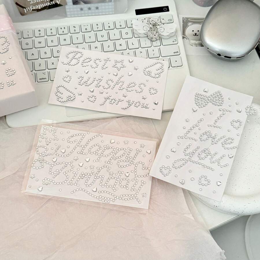 [Back To School]4 Sheets Alphabet Letter Rhinestone Stickers Silver Self-Adhesive Pearl Gem Decals Sweet Phrase Heart Star Crystal Stickers For Goo Card Scrapbook Gift Box Phone Case DIY Crafts Birthday Wedding Party Decor - Silver - View 1
