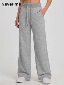 Never me Women's Solid Color Heather Gray High Waist Drawstring Wide Leg Pants With Pockets, Soft Drapey Running Casual Floor Length Trousers - Light Grey - View 7