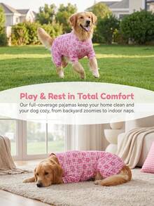 1PC Dog Shedding Hair Control Pajamas - Warm High Stretch Full Coverage Pet Rompers, Anti Licking & Bug Protective Jumpsuit For Small Medium Large Dogs, All Over Printing Dog Clothes - Cute Pink With White Gingham And Flower Pattern - Multicolor - View 3