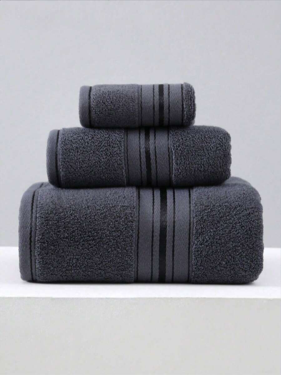 1pc/3pcs Set 100% Combed Cotton Terry Towel Set, Elegant Satin Trim, Thick High Absorbency, Lint-Free, Quick Dry, Skin-Friendly, Machine Washable, Bath Towel/Hand Towel/Face Towel, Hotel Spa Quality, Suitable For Bathroom, Gym, Travel, Dorm - Dark Grey - View 1