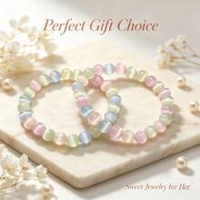1 pièce Bracelet élastique à un seul fil avec pierre œil de chat arc-en-ciel, perles de cristal de bonbon colorées avec une ambiance douce et sucrée, œil de chat transparent avec éclat lumineux naturel, conception de cordon élastique pour un port facile et un ajustement confortable, parfait pour les filles - 8mm - Voir 3
