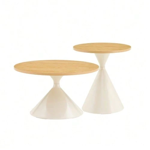 Sanduhr Series 2-Piece Coffee Table Set With Distinctive Conical Shape, Melamine Tabletop In Wood Look + Cream-Colored Metal Base, Space-Saving Stackable Design, Ideal For Living Room, Bedroom & Office - Natural Color - View 1