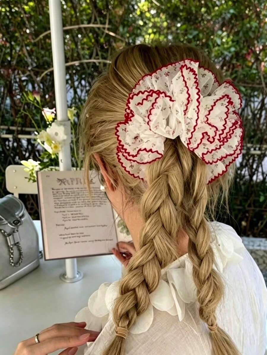 1pc Women's 19cm/7.48in Red Ditsy Floral Large Scrunchie, Fashionable Versatile High-End Elegant Minimalist Solid Color Hair Accessory, Suitable For Daily Wear, Casual, Beach, Party, Commuting, Vacation, Ponytail, Bun, Face Washing, Bathing, Makeup, Outfit Matching, Hair Ornament