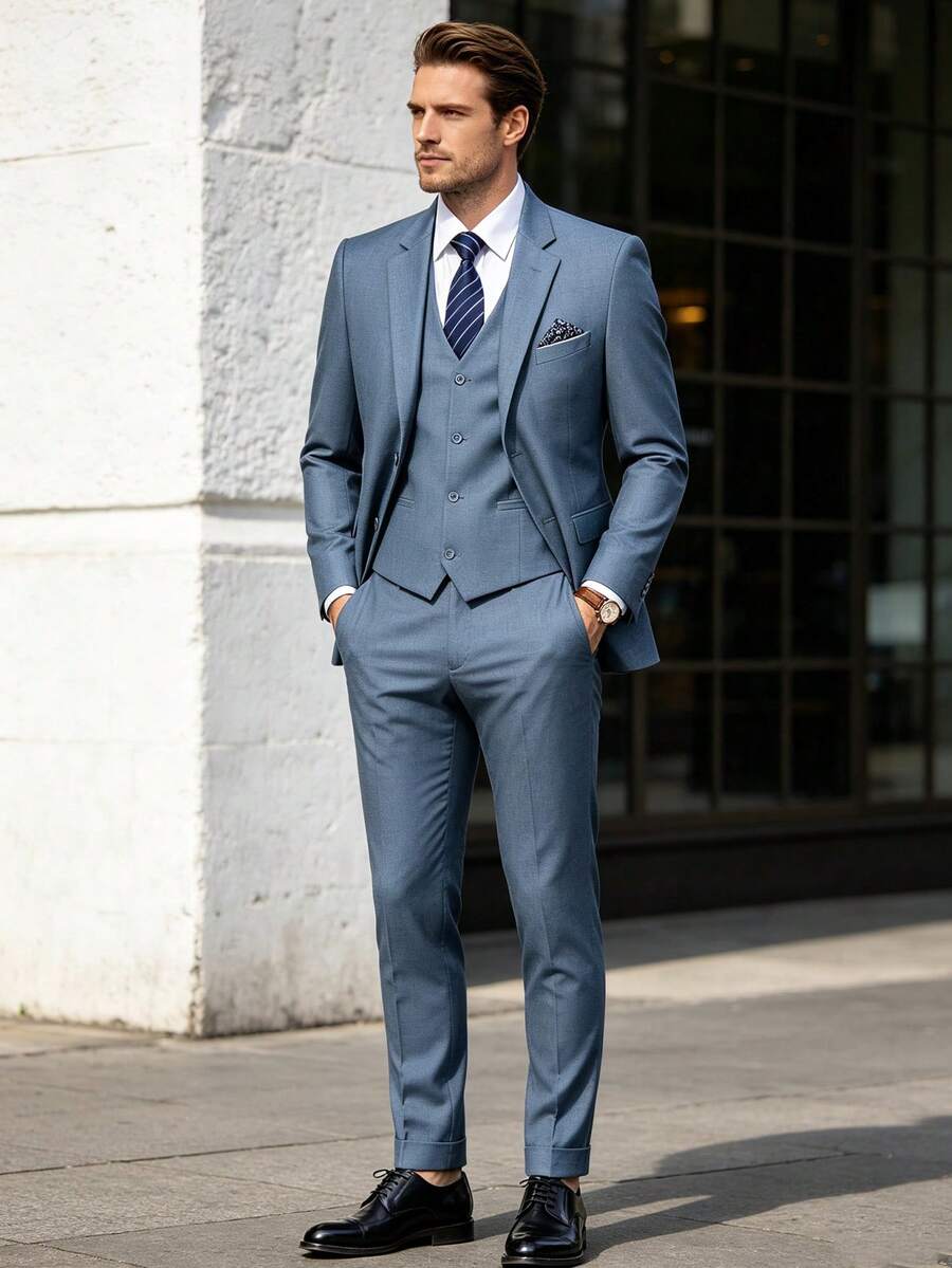 WindsorQuad 男士 3 件式優雅西裝套裝，純色修身單排扣婚禮西裝外套、背心、長褲附領帶，正式派對商務西裝