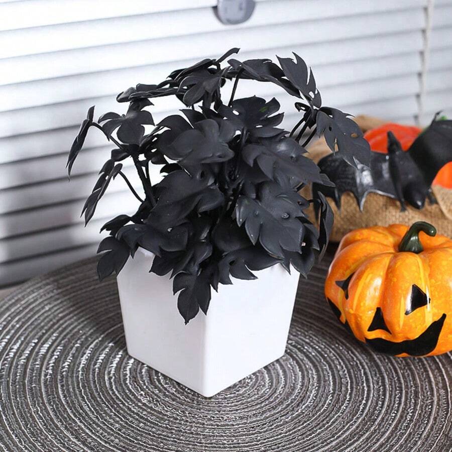 1/2 Pot 7inch (H) Artificial Monstera Leaf Black Planter Home Halloween Party Desktop Scene Decoration Ornament - Black - View 1