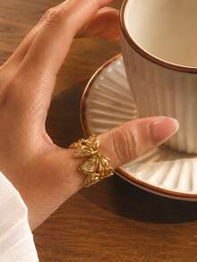1/5pcs Gold Bow & Flower Open Ring Set, Oversized Hollow Wide Cuff Stackable Rings - D064-5pcs - View 7