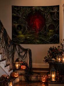 1pc-Horror Sewer Halloween Backdrop Banner, Creepy Tentacle Rat Skeleton Slime Red Abyss Tunnel Print Wall Tapestry, HD Crisp Decor For Dark Gore Party Cosplay Horror Movie Night Spooky Photo Booth Wall Background - G - View 5