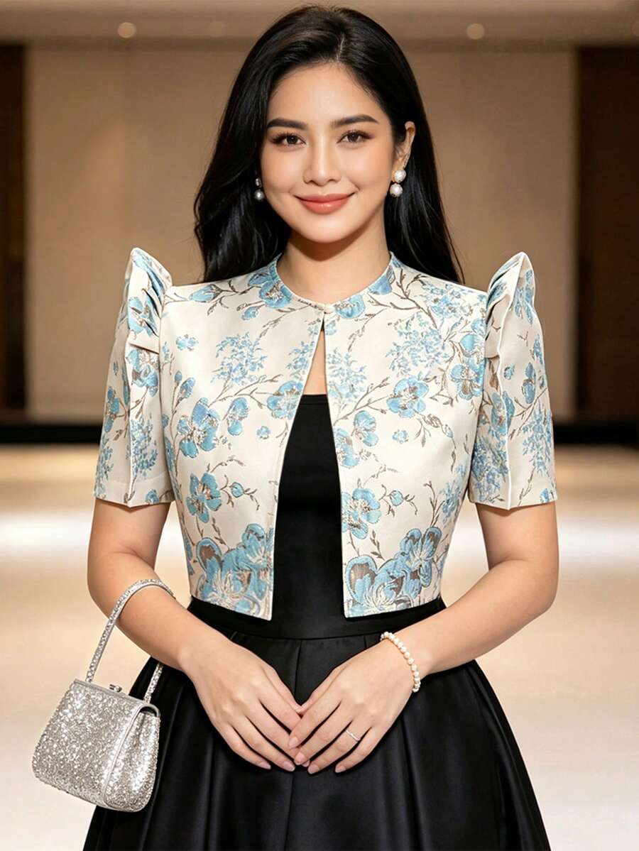 優雅花卉提花泡泡袖上衣,現代菲律賓風格,適合聖誕節 - 藍色 - 查看 1