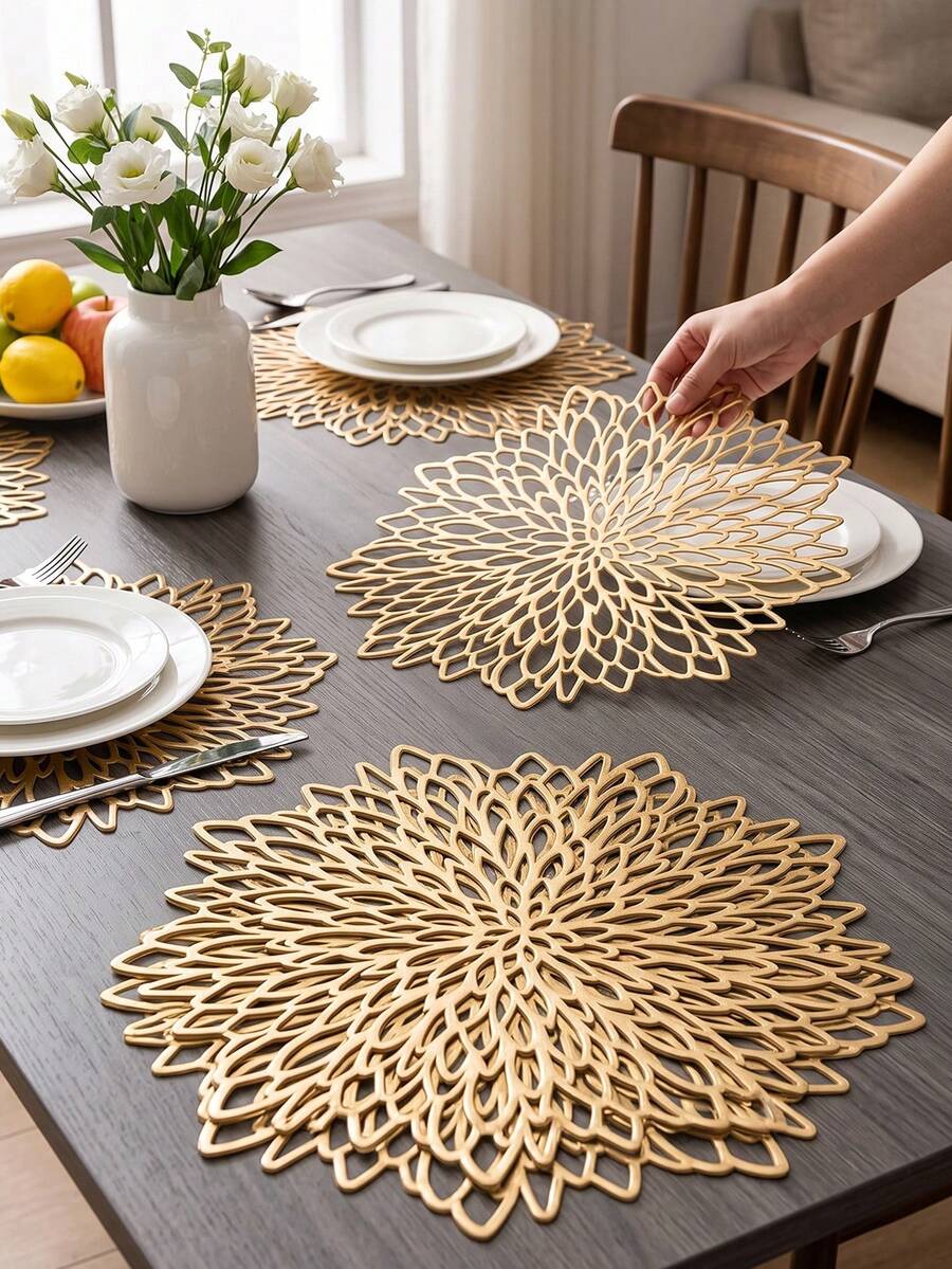 12pcs Gold Flower 15-Inch Round Placemats, PVC, 3.94-Inch Round Hollow Flower Coasters, Washable, Easy Clean, Wipe-Clean, Non-Slip, Heat-Resistant, Suitable For Room Decor, Dining Table Decor, Home Decor, Holidays, Parties, Birthdays, Weddings And Dinners