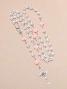 1pc Pearl Rose Cross Necklace, Virgin Mary & Jesus Christ Cross Pendant - Pink - View 2
