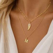 2Pcs/Set New Classic Initial Angel Wing Pendant Golden Stainless Steel Chain Choker Layered Necklaces For Women - Yellow Gold - View 1