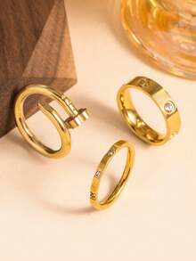 3pcs/Set Gold-Plated Clover Rings For Women, Cubic Zirconia Stackable Rings Jewelry Gift - Style a - View 3