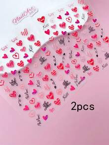 2 Peças Adesivos de Unhas com Relevo 5D, Unhas, Decoração DIY, Rosa, Vermelho, Preto, Branco, Coração, Estrela, Coração, Letras KISS em Inglês, Coração com Padrão de Grade Vermelha, Padrão de Laço, Adequado para Criar Arte de Unhas Estilo Retrô, Fofo, Y2K - Multicolorido - Visão 10