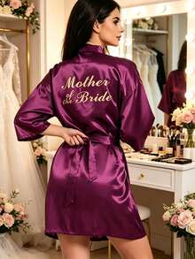 Bata de satén morado profundo con bordado de madre de la novia, kimono de ropa de estar con cintura anudada para sesión de fotos de preparación de boda, regalo - Morado oscuro - Bordado para madre de la novia - Ver 4